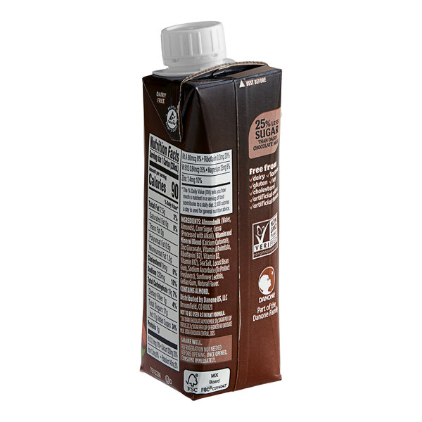 A brown carton of Silk Dark Chocolate Almond Milk with a product label.