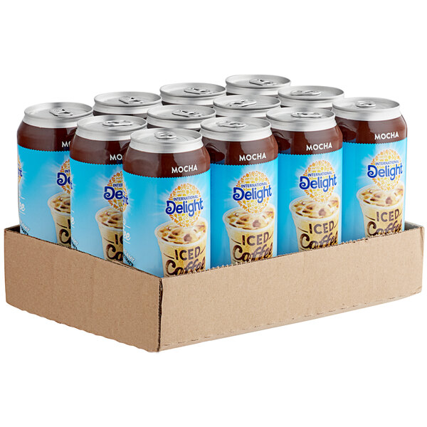 A box of twelve International Delight Mocha Iced Coffee bottles.