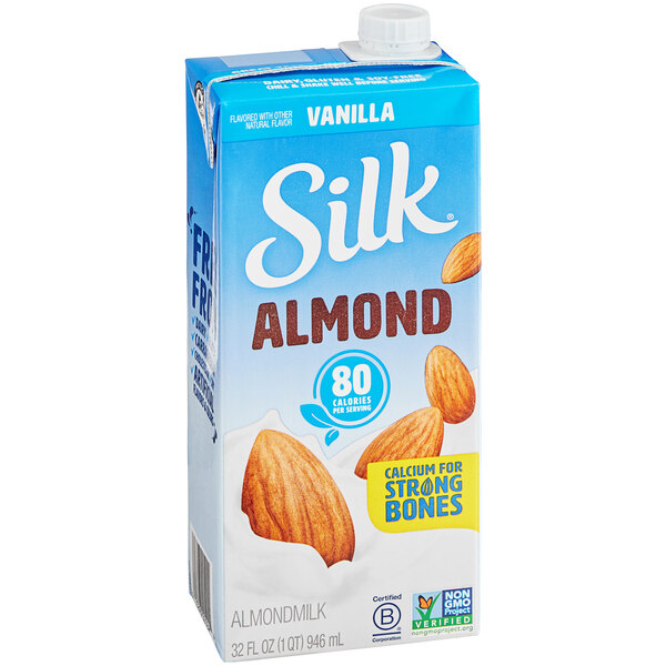 A blue and white carton of Silk Vanilla Almond Milk.