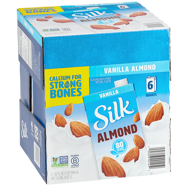 A case of 6 boxes of Silk Vanilla Almond Milk.