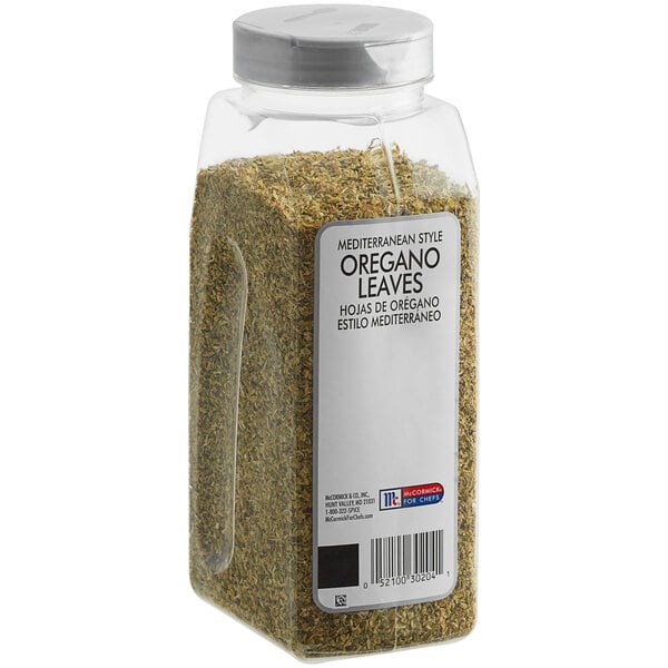 A container of McCormick Culinary Mediterranean Oregano leaves.