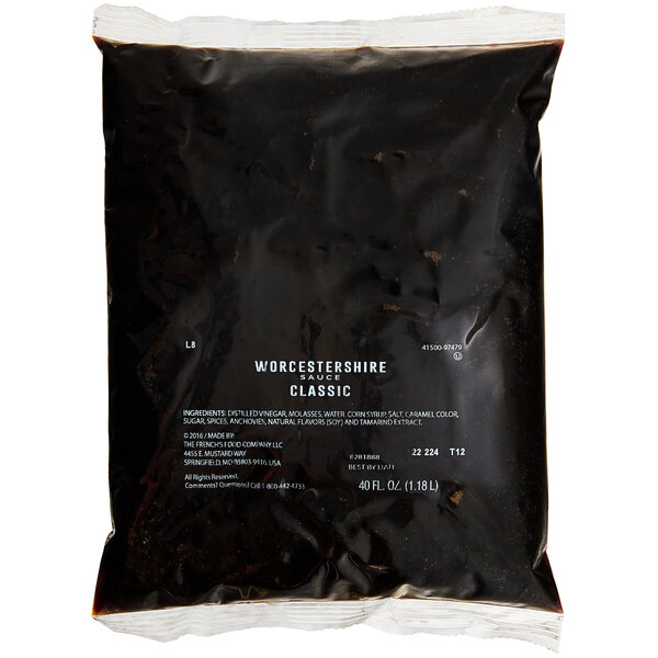A black bag of French's Original Worcestershire Sauce with white text.