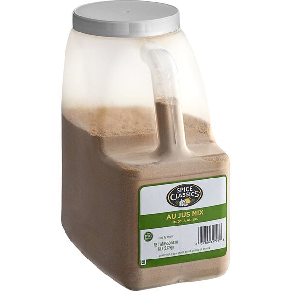 A plastic container of brown powder labeled "Spice Classics Au Jus Gravy Mix"