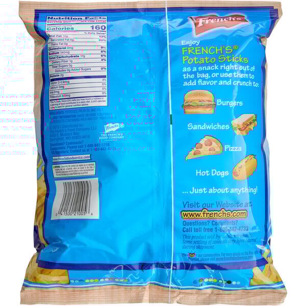 A blue bag of French's Potato Sticks with the label on it.