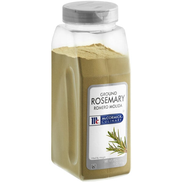 A plastic container of McCormick Culinary Ground Rosemary with a white label.