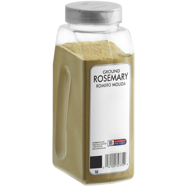 A plastic container of McCormick Culinary Ground Rosemary with a white label.