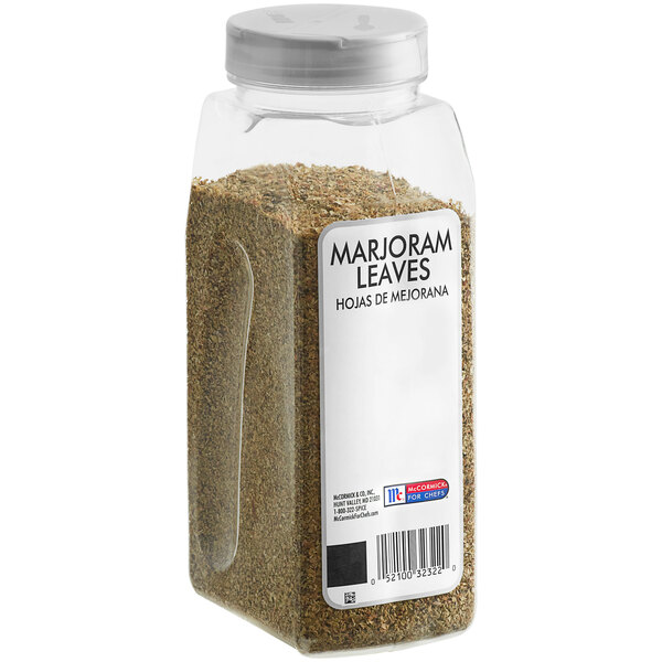 A container of McCormick Culinary Marjoram Leaves.