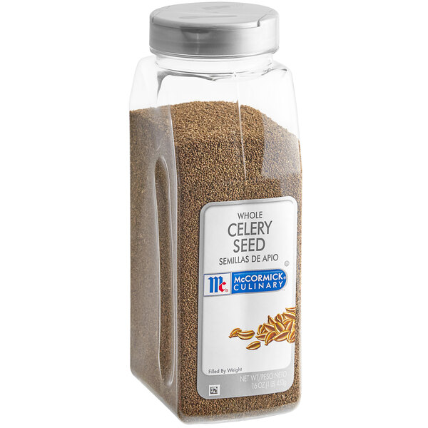 A container of McCormick Culinary Whole Celery Seed.