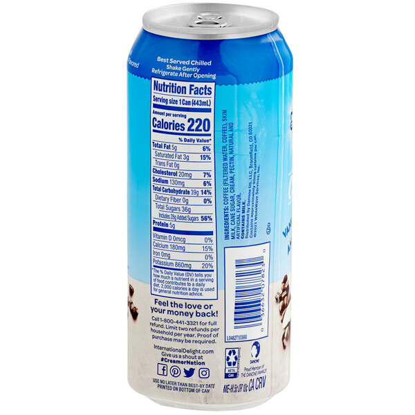 A case of International Delight Vanilla Iced Coffee with a blue beverage label.