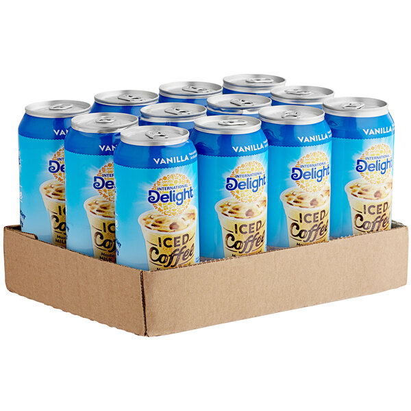 A blue box with 12 International Delight Vanilla Iced Coffee containers.