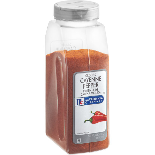 A container of McCormick Culinary Ground Cayenne Pepper.