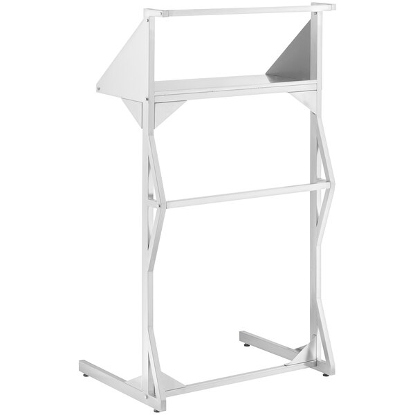 A white metal stand with a triangle-shaped shelf.