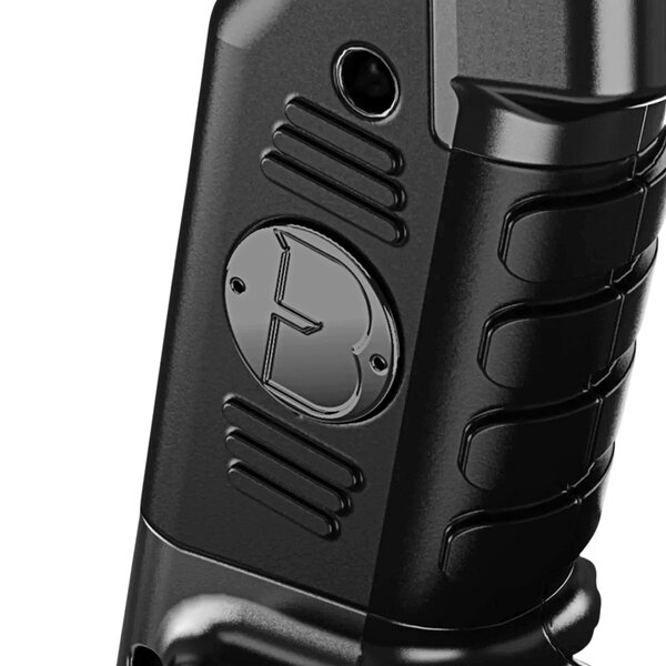 A Flavour Blaster black nozzle with a round badge and button.