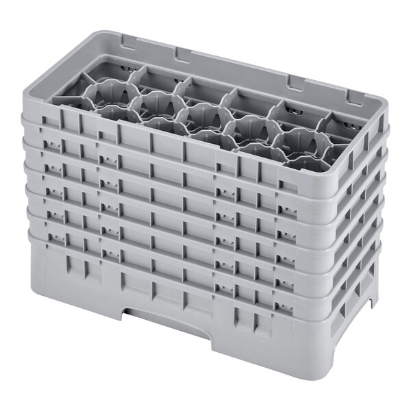 A gray plastic Cambro half size glass rack with 17 compartments and 6 extenders.