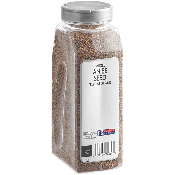 A plastic container of McCormick Culinary Anise Seeds with a label.