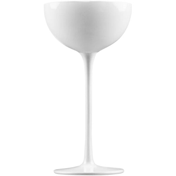 A white wine glass with a long stem.