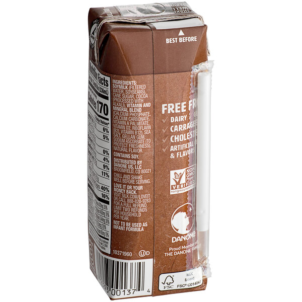 A brown carton of Silk Chocolate Soy Milk with a beverage label.
