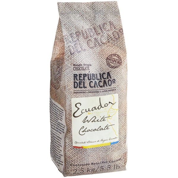 A bag of Republica del Cacao Ecuador white chocolate couverture with a label on it.
