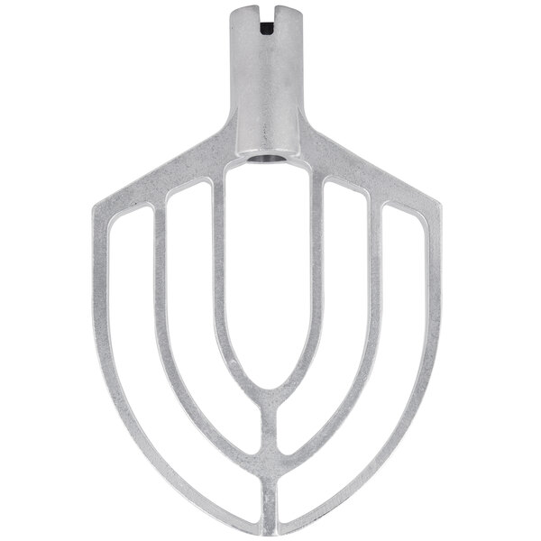 A silver Hobart Legacy aluminum flat beater attachment with holes.