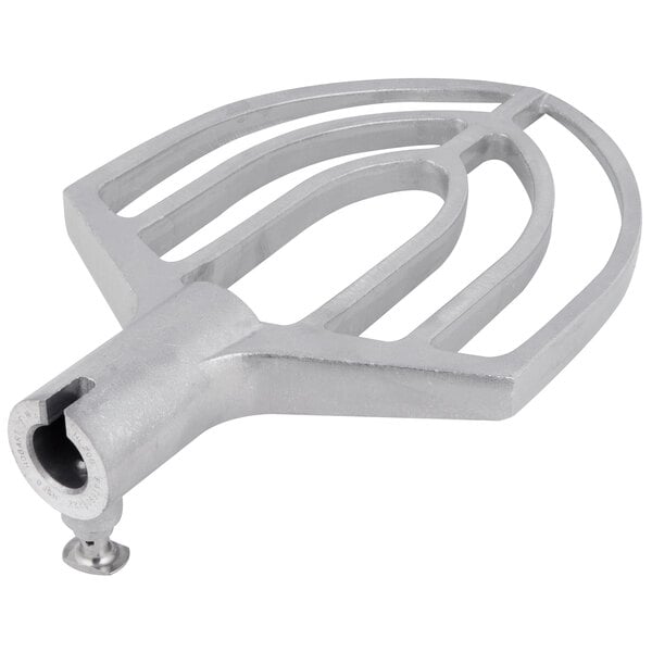 A silver aluminum flat beater with a metal handle.