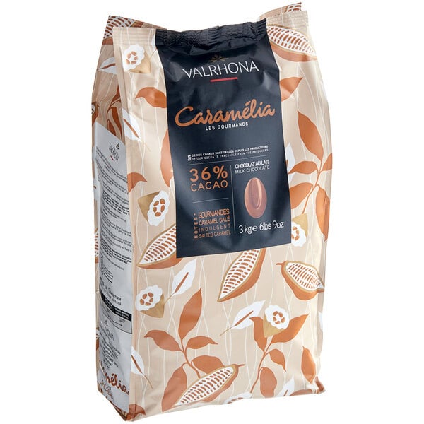 A close up of a Valrhona Caramelia milk chocolate bag.