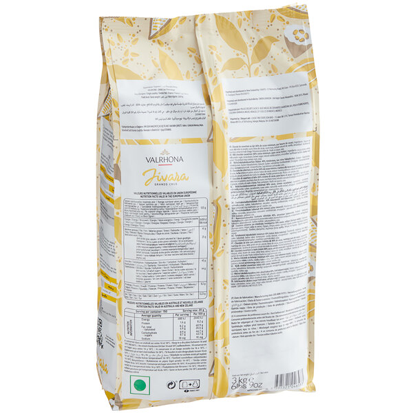 A bag of Valrhona Jivara 40% Milk Chocolate on a white background.