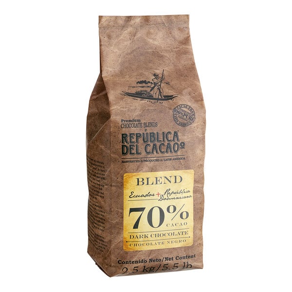 A brown bag of Republica del Cacao Ecuador and Dominican Republic 70% Dark Chocolate.