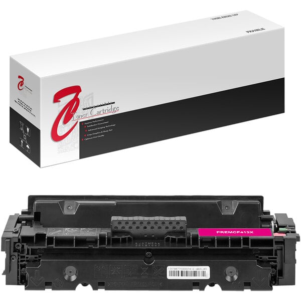 A white and black box with red text reading "Point Plus Magenta Remanufactured Toner Cartridge for HP"