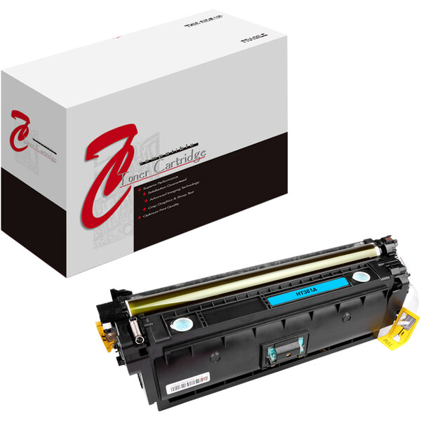 A Point Plus cyan toner cartridge for HP printers with a blue label and yellow tape.