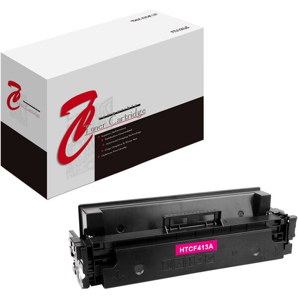 A white and black box with a pink and black label for a Point Plus magenta HP toner cartridge.