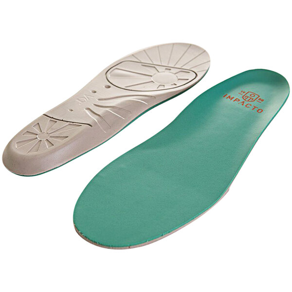 A pair of green and white Impacto Airsol shoe insoles with a white sole.