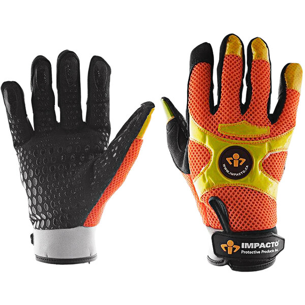 A pair of Impacto heavy duty gloves with black, orange, and yellow accents.