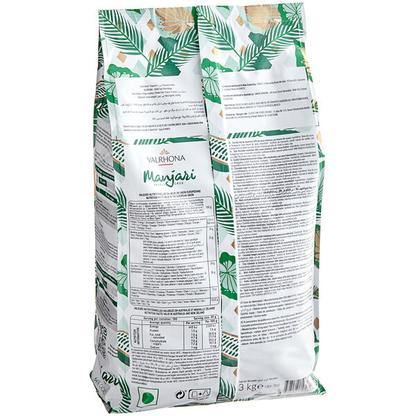 A white bag of Valrhona Manjari dark chocolate feves with text.