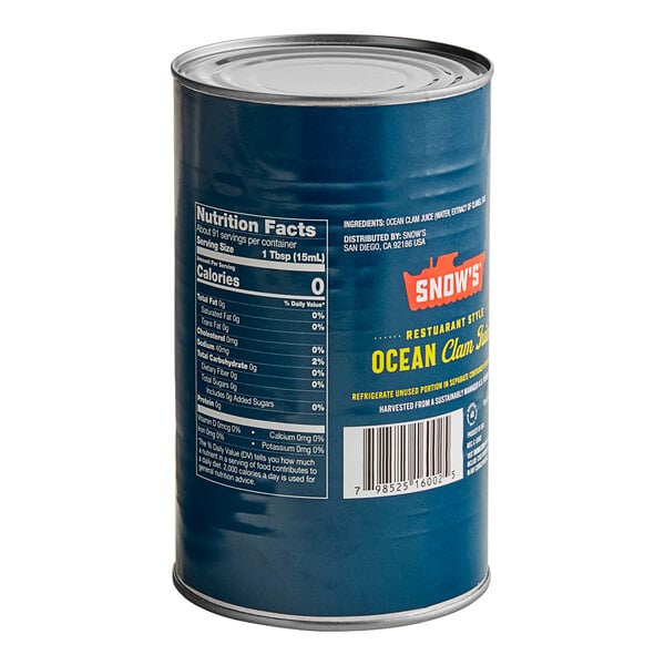 A blue can of Snow's Ocean Clam Juice with white and black label.