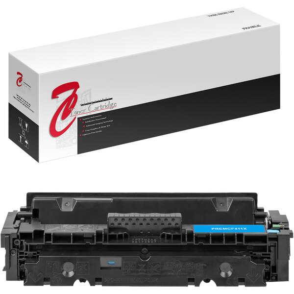 The white and black box of a Point Plus cyan remanufactured HP CF411X toner cartridge.