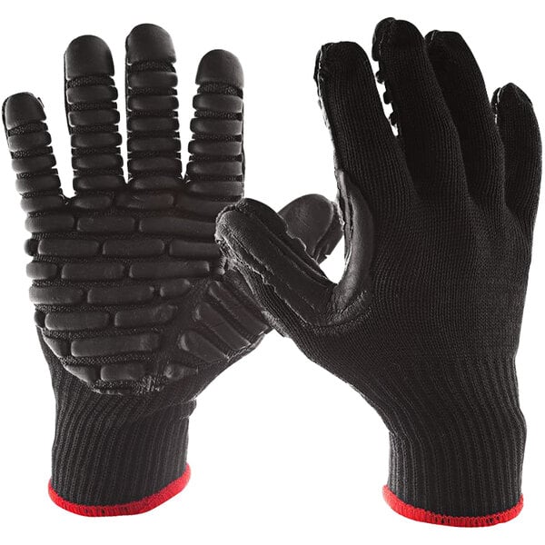 A close-up of a pair of black Impacto Blackmaxx vibration-reducing gloves.