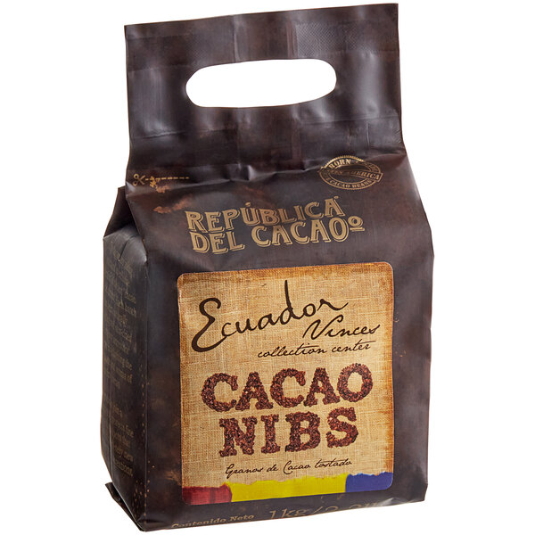A brown Republica del Cacao bag with a label on it filled with cacao nibs.