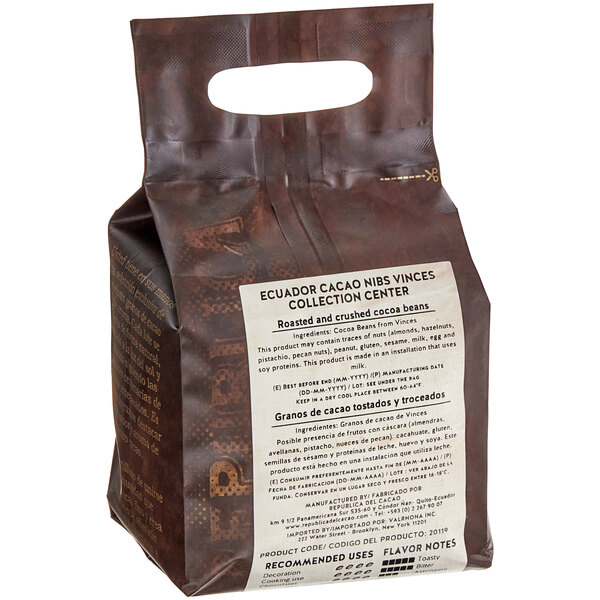 A brown bag with a white label on a white surface.