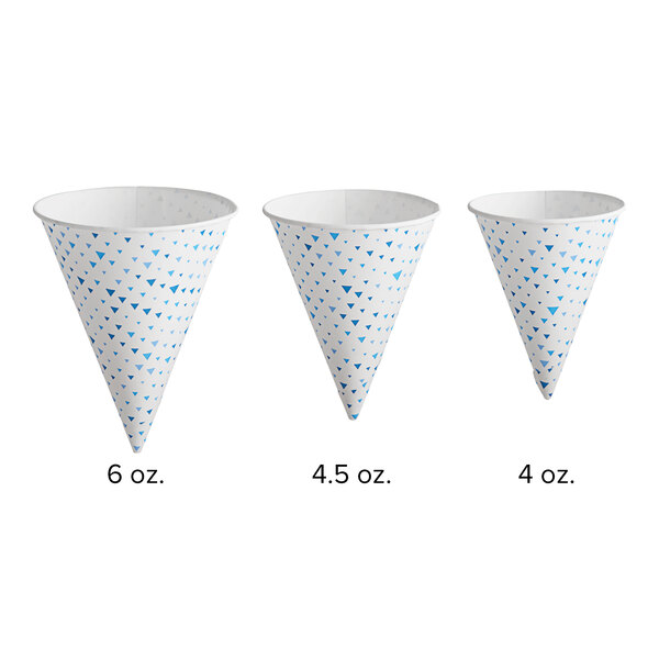A group of white Choice paper cone cups with blue triangle designs on them.
