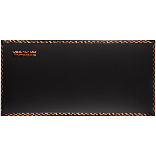 A black rectangular mat with a white border and black and orange stripes.