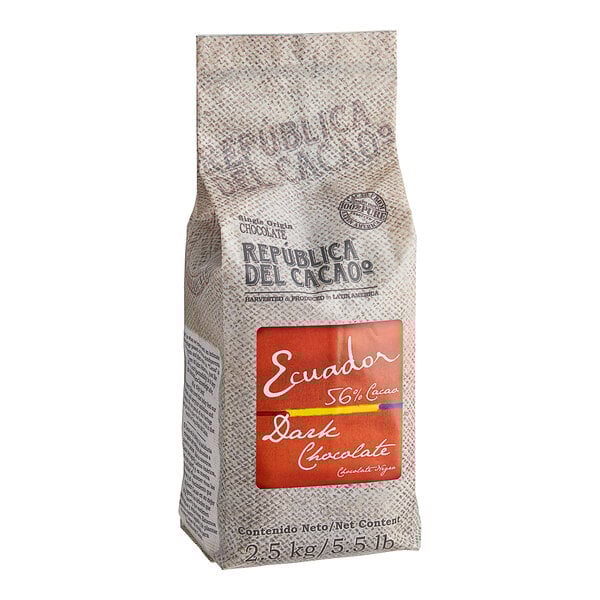 A bag of Republica del Cacao Ecuador 56% dark chocolate couverture on a white background with a close up of the label.