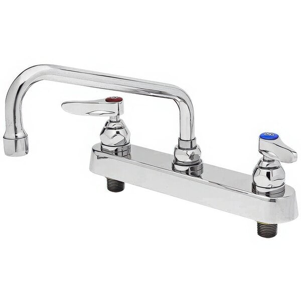 A silver T&S deck-mounted faucet with two lever handles.