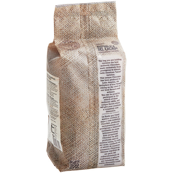 A brown bag of Republica del Cacao Ecuador Milk Chocolate Couverture with white text.