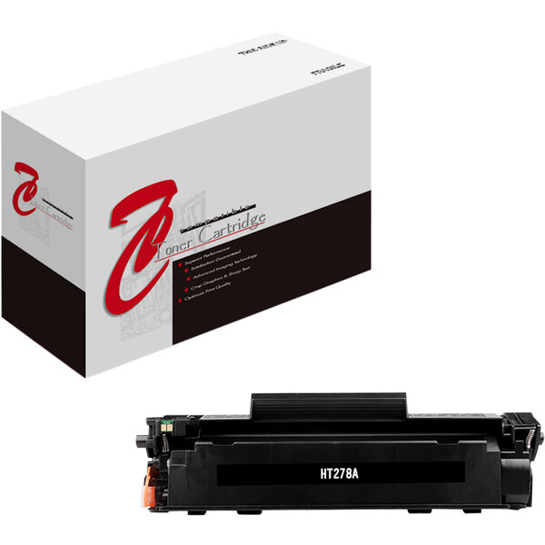 A white and black box with a black rectangular object inside with white text that says "Point Plus Black Compatible Printer Toner Cartridge Replacement for HP CE278A"