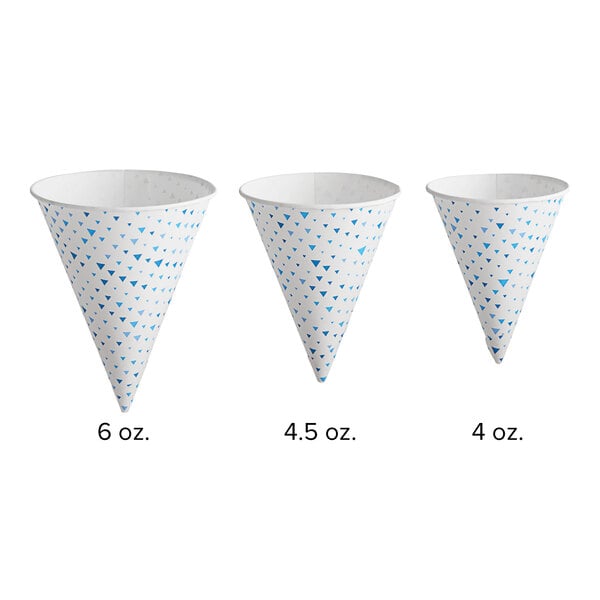 A white paper cone with blue triangles and rolled rim.