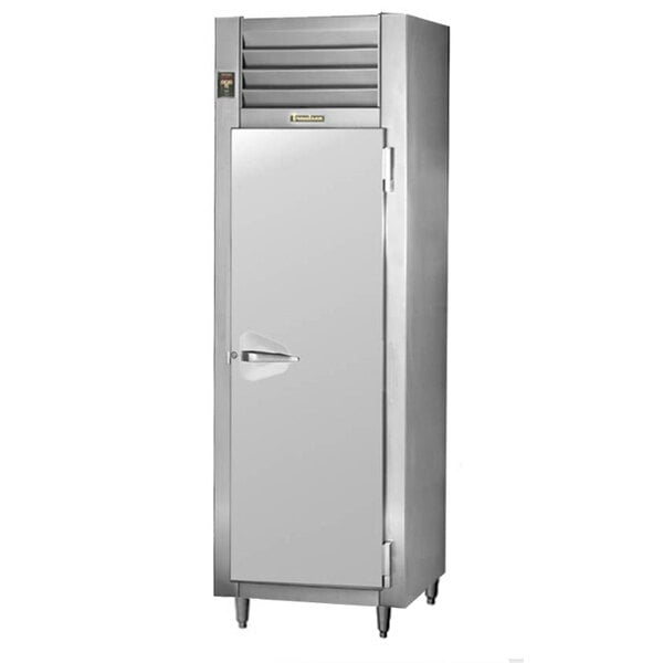 A Traulsen narrow reach-in freezer with a solid door.