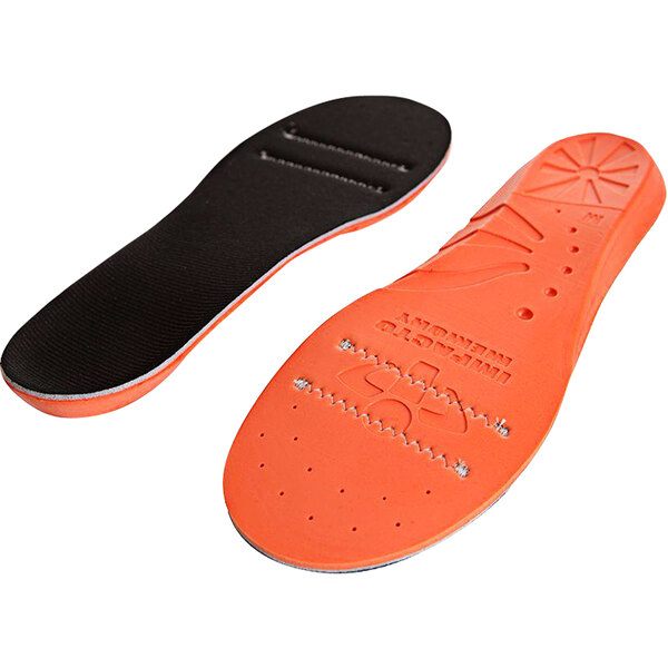 A pair of black and orange Impacto ESD insoles.