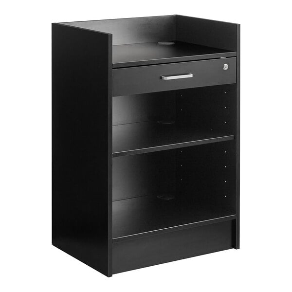 A black cash register stand with a locking drawer.