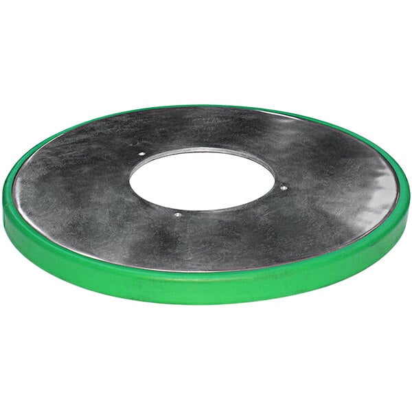 A white circular apron with a green border and a hole in the middle.