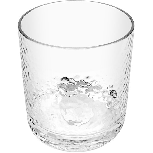 A clear GET Hammered plastic rocks glass with a textured surface.